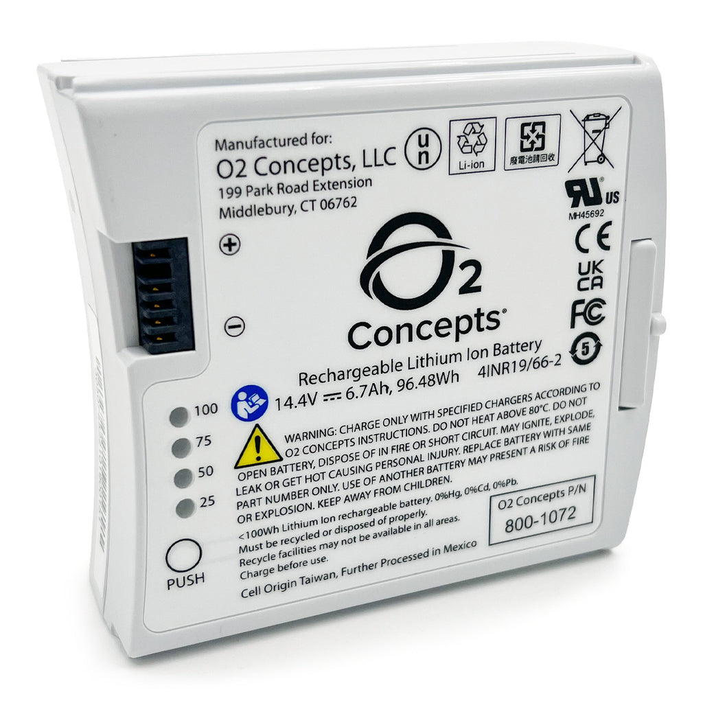 A white rectangular battery with brand name O2 Concepts, with various certification logos and a warning label that reads 'DANGEROUS SUBSTANCES'.