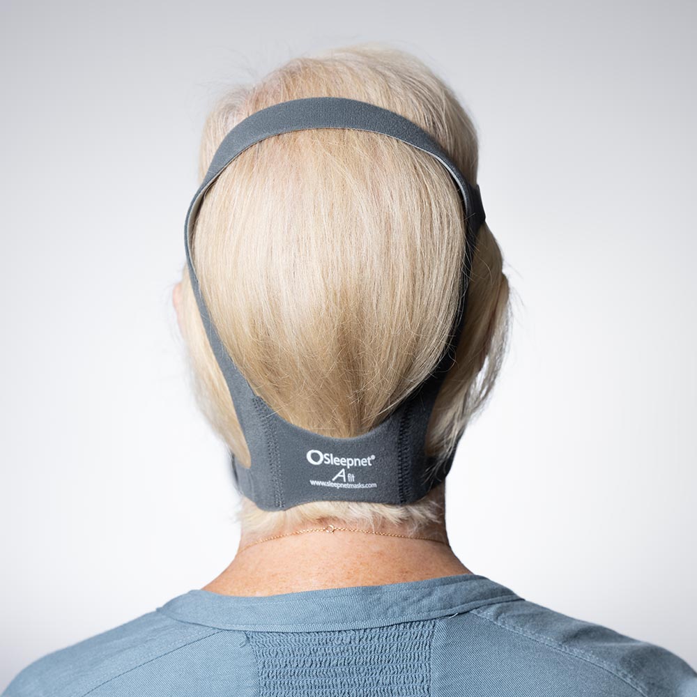 Person wearing a gray headband with 'Sleeper' branding on a white background
