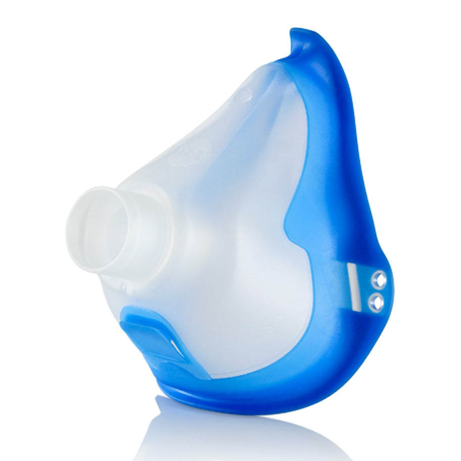 A blue and clear adult face mask designed for use with PARI's Vortex Valved Holding Chambers.