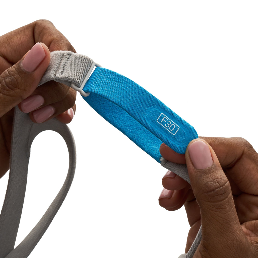 Hands holding a blue and gray strap with 'F3D' branding on a white background