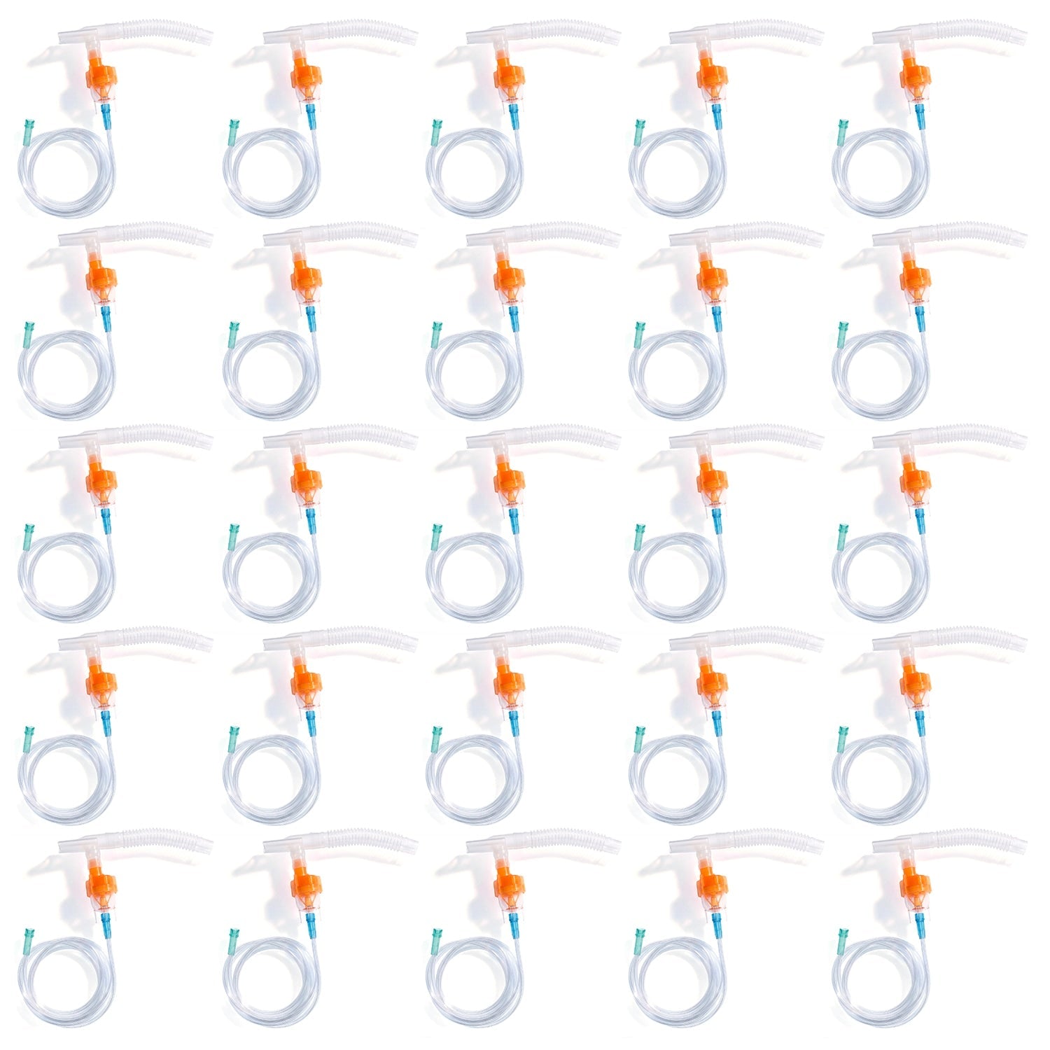 Set of twenty five clear plastic medical tubing with orange connectors on a white background