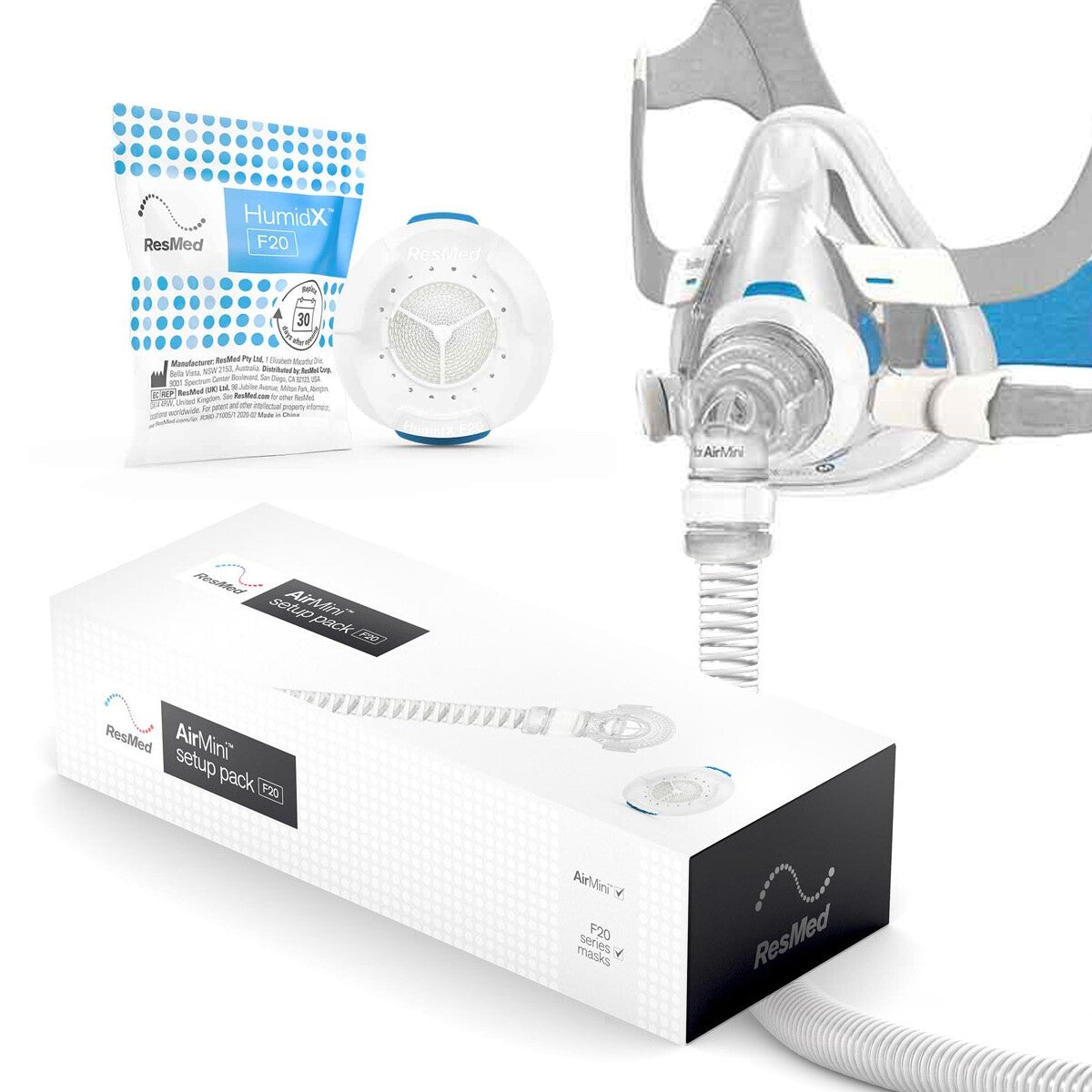 ResMed CPAP mask and accessories on a white background