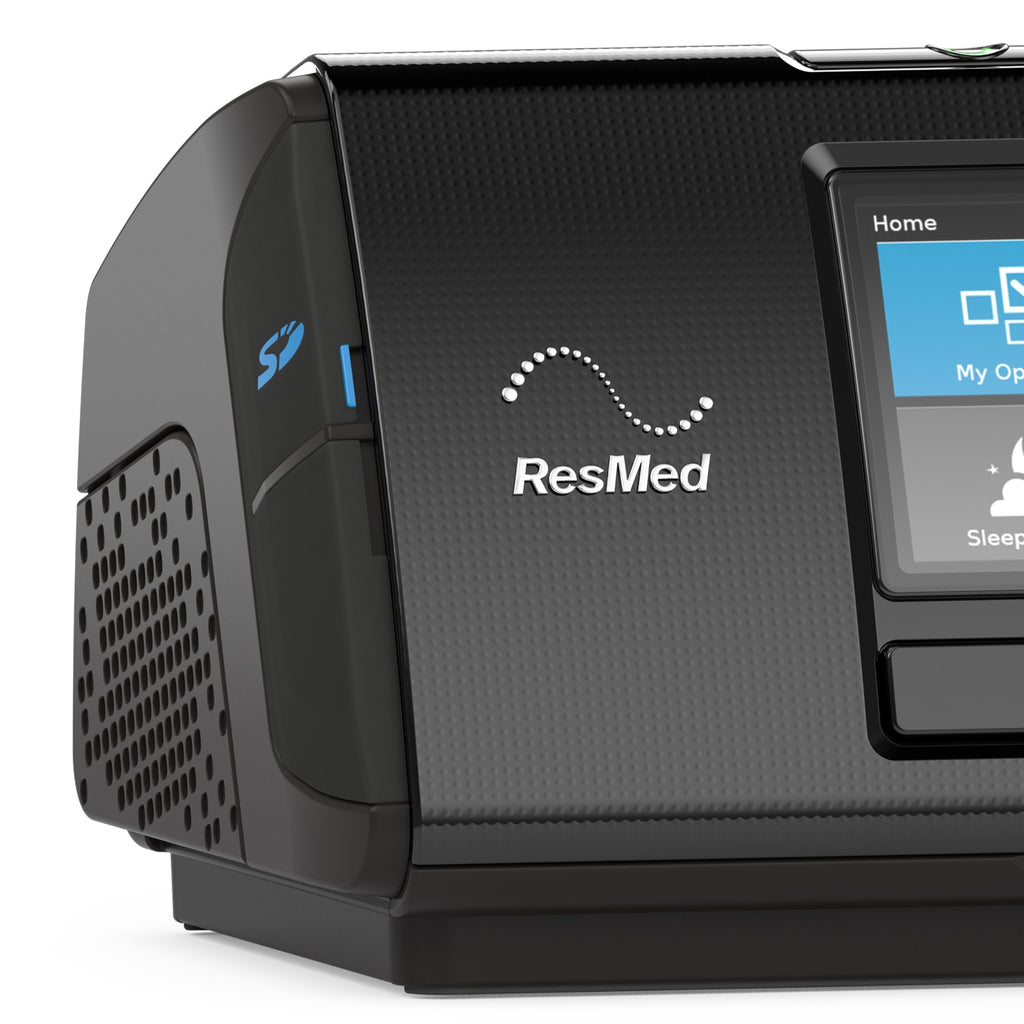 ResMed device with a screen displaying user interface on a white background