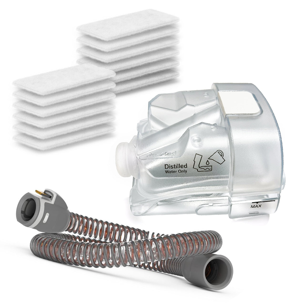 A resupply package for AirSense 11 CPAP and AirCurve 11 BiLevel machines including a stack of white filters, a clear humidifier water chamber, and a coiled heated tubing.