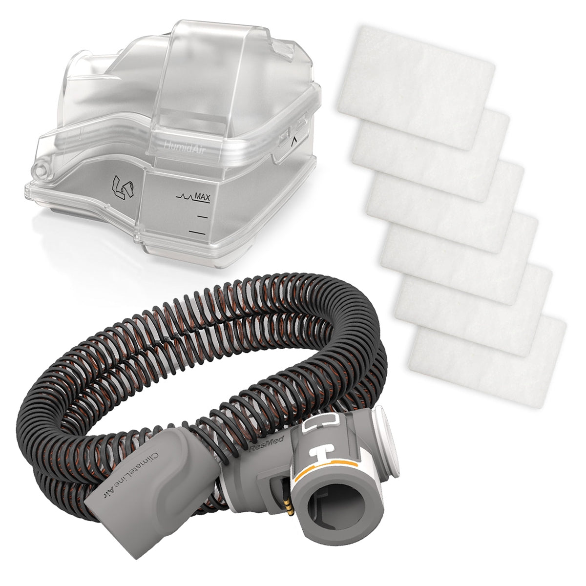 Airsense CPAP machine components including hose, mask, and filters on a white background