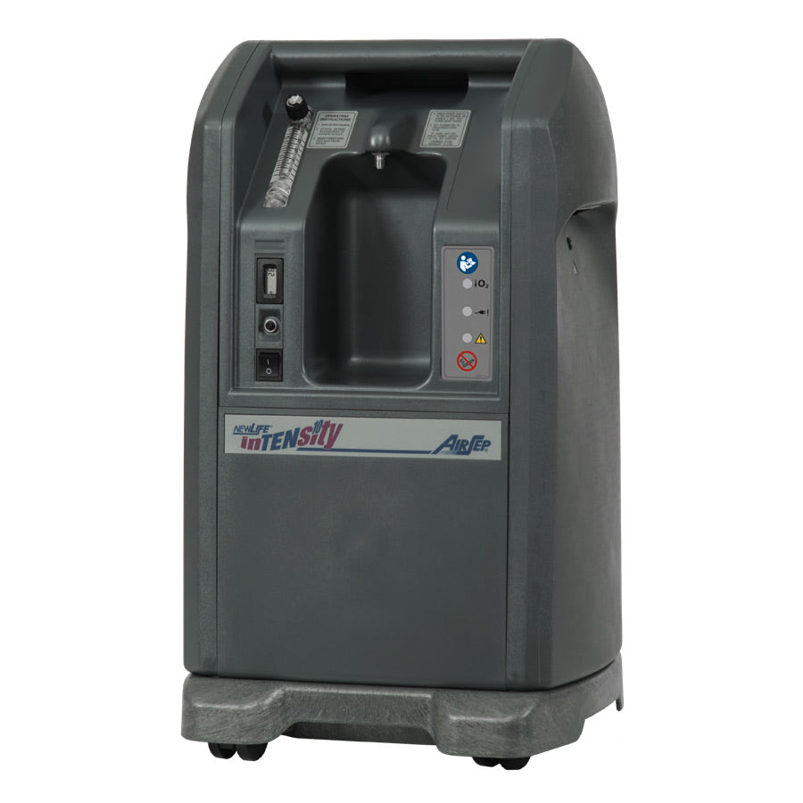 An AirSep NewLife Intensity 10 Home Oxygen Concentrator, gray in color, with control buttons and indicators on the front panel.
