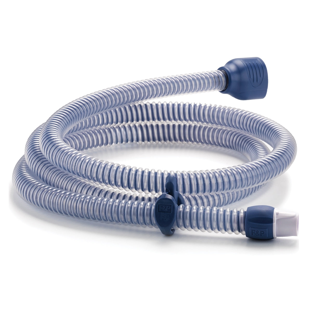 A coiled, blue and clear heated breathing tube with connectors for CPAP machines.