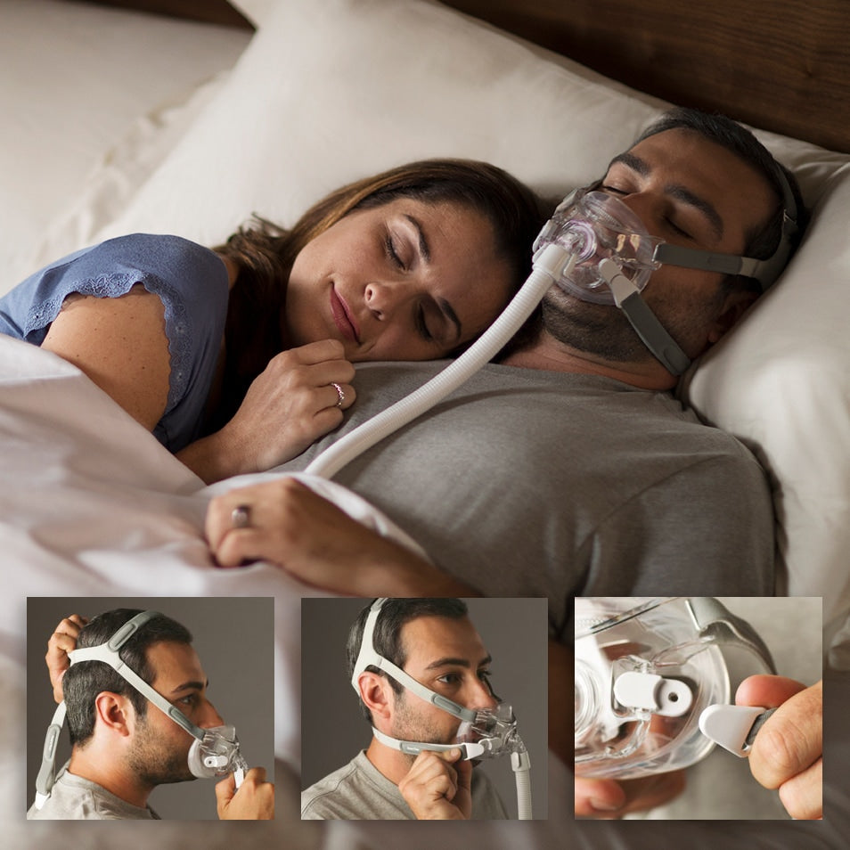 Man in Bed Wearing Amara Mask and Man Attaching Mask with Magnetic Clips