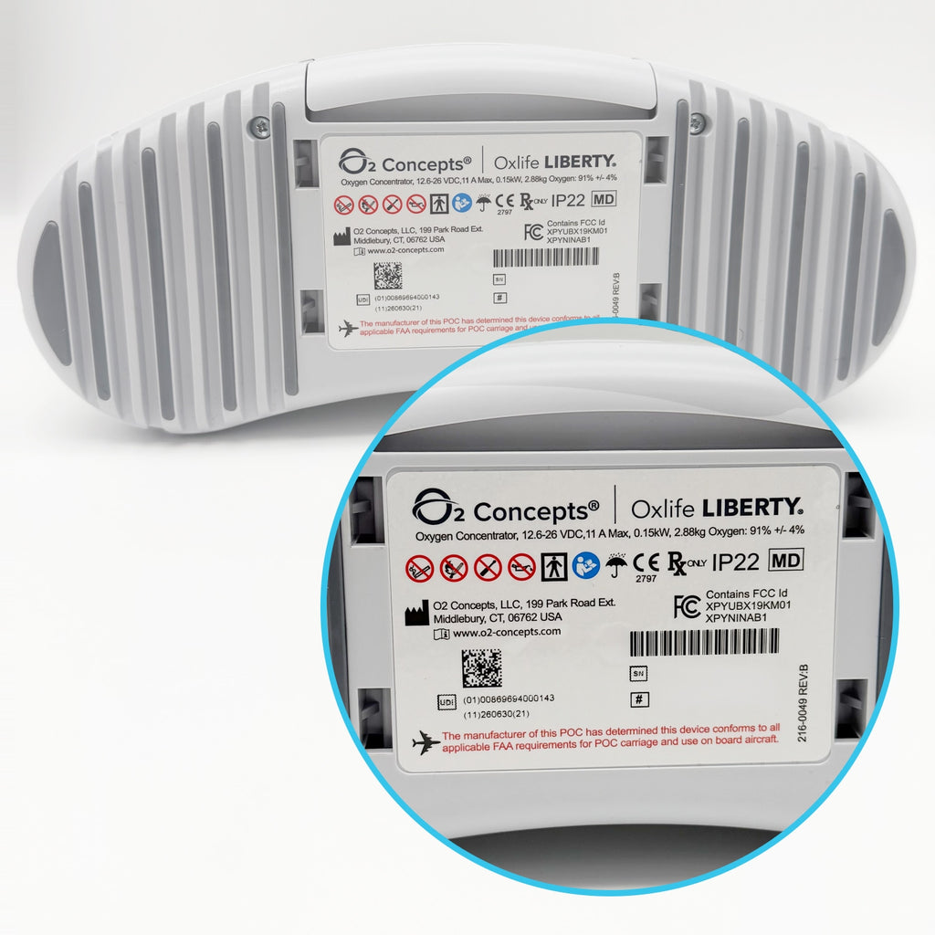 A white ribbed cylindrical device shown from the back with a circular inset zooming in at the bottom right on the printed label. The label reads O2 Concepts | Oxify LIBERTY' and includes regulatory marks and barcodes.