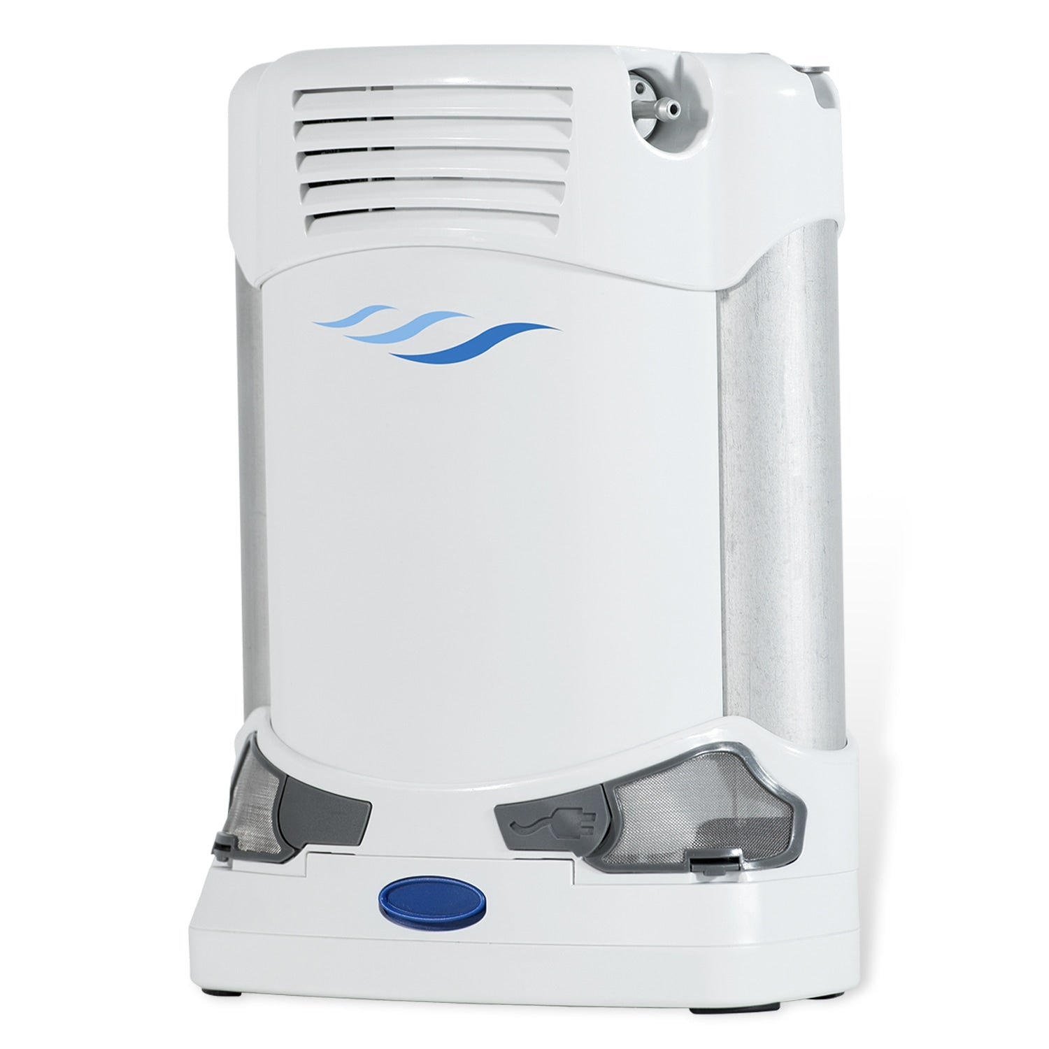 White electronic device with blue accents on a white background