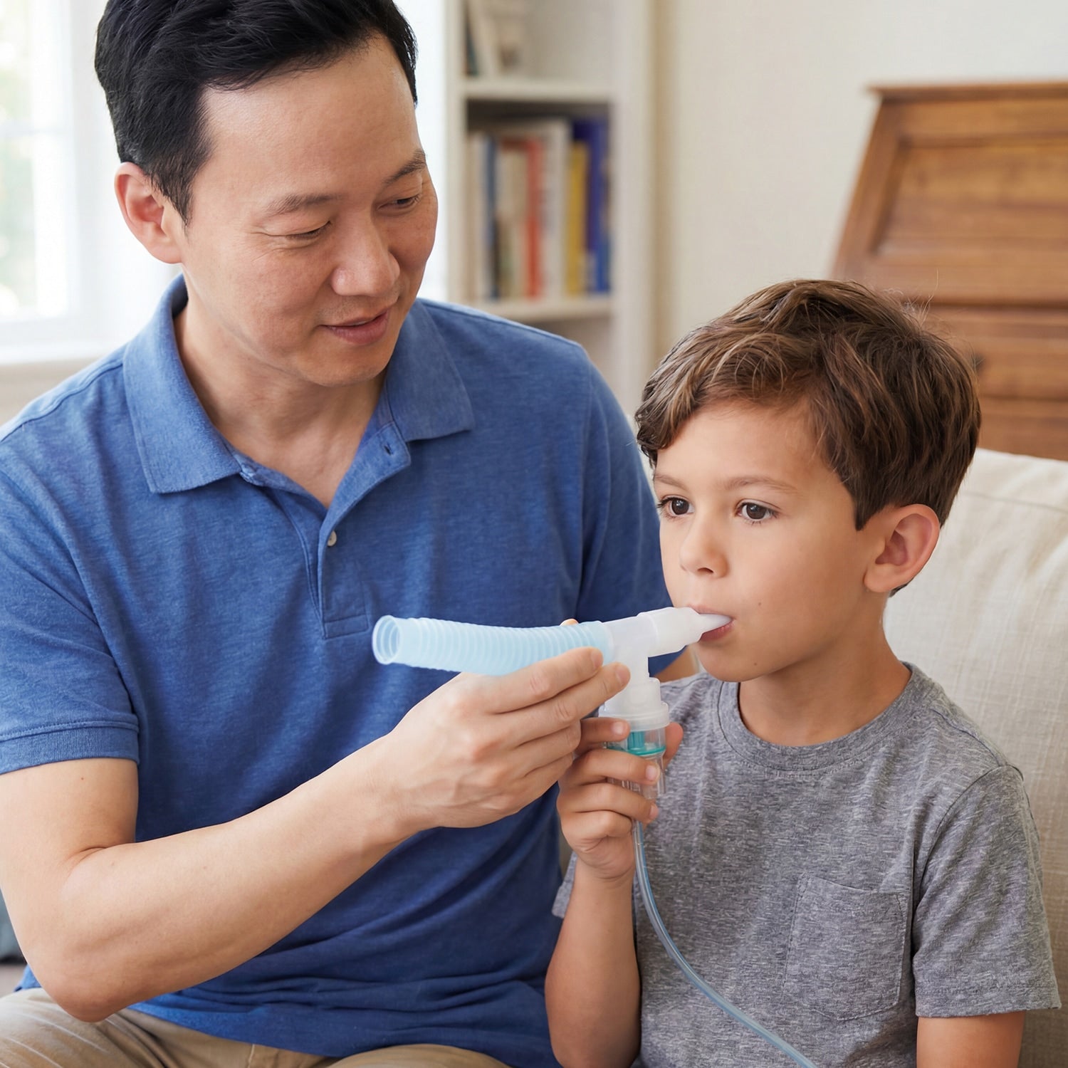 Man helping a young boy use a nebulizer at home