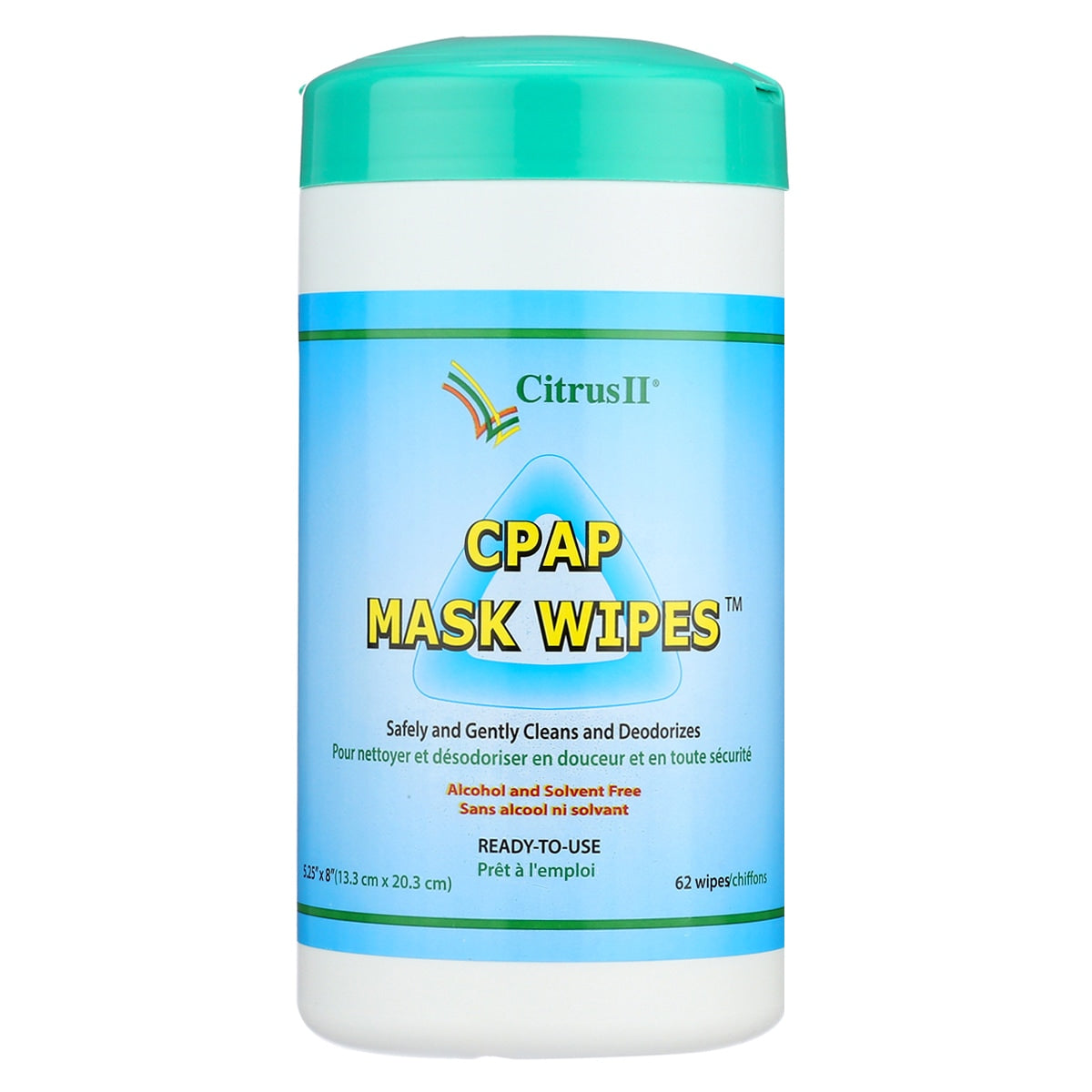 A canister of Citrus II CPAP Mask Cleaning Wipes with a label showing the product name and brief description.