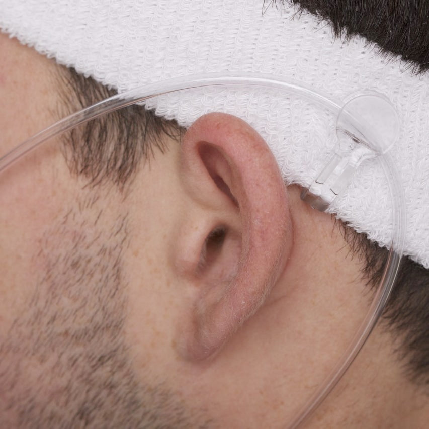man wearing 02 ear buddies cannula clips