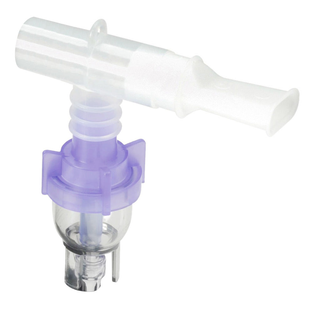 Medical device with clear and purple components on a white background