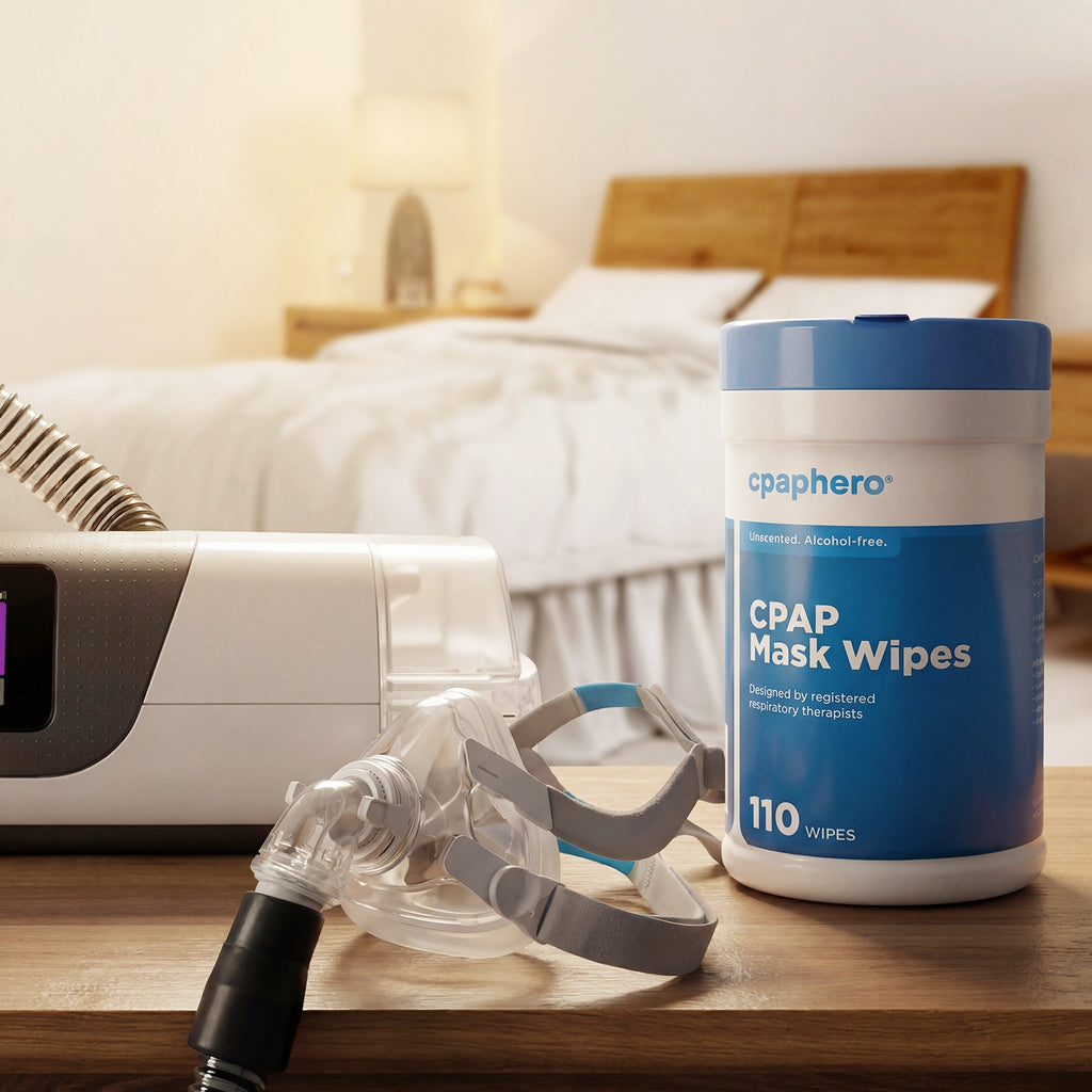 CPAP mask and machine on a nightstand with a container of CPAP mask wipes in the foreground.