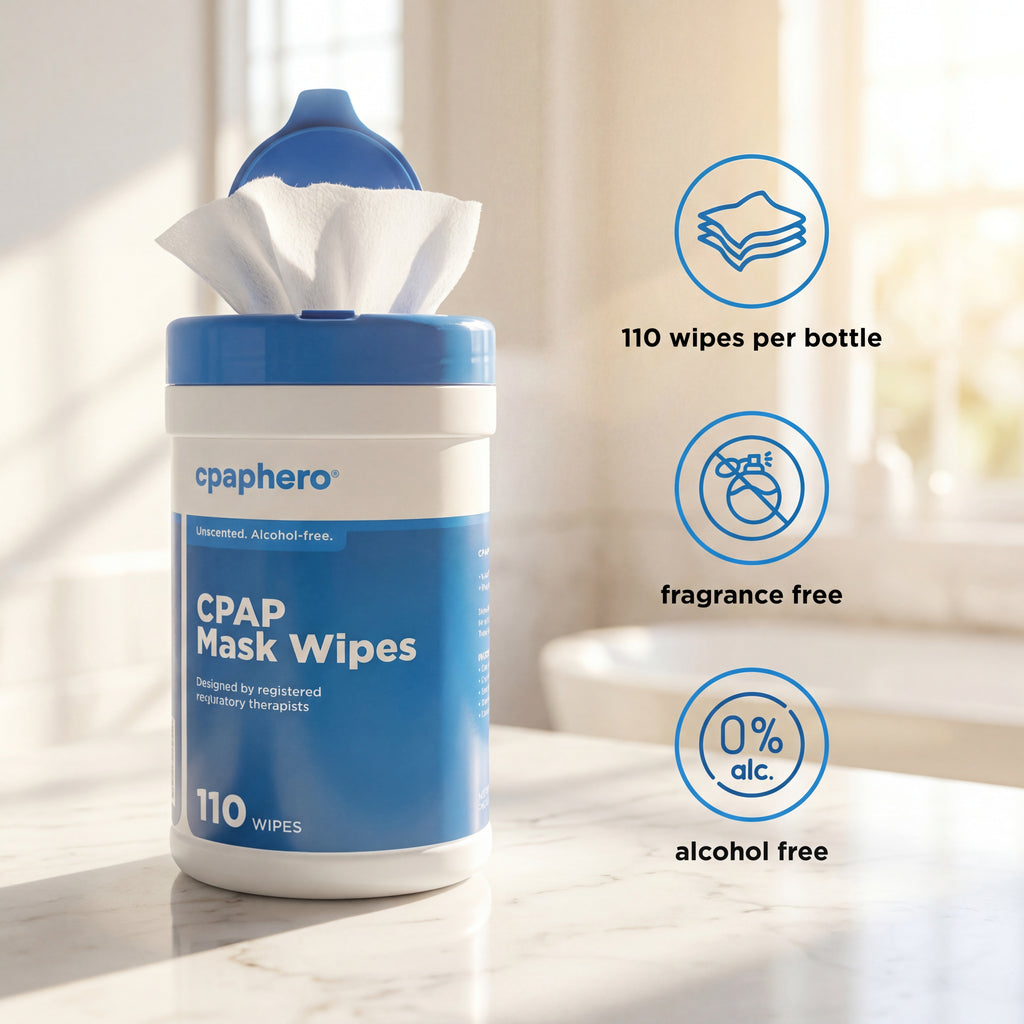 CPAP mask wipes container with product details on a blurred background