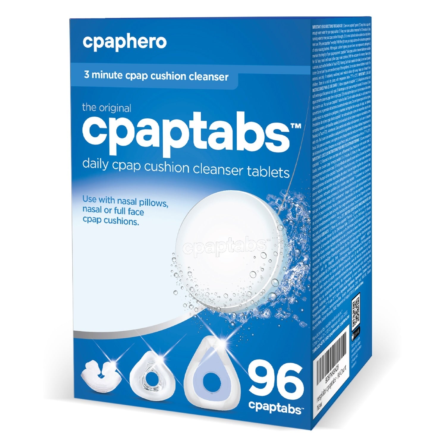 Box of cpaptabs daily cpap cushion cleanser tablets with blue and white design.