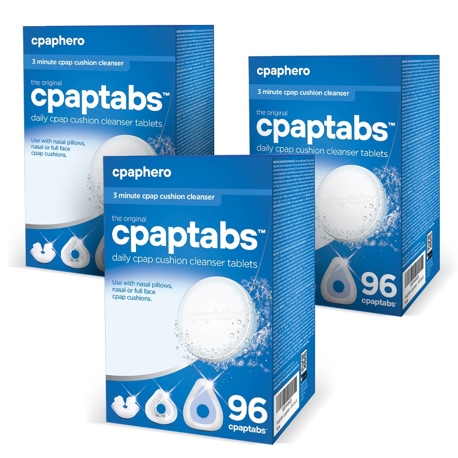 Three boxes of cpaptabs daily cpap cushion cleaner tablets on a white background