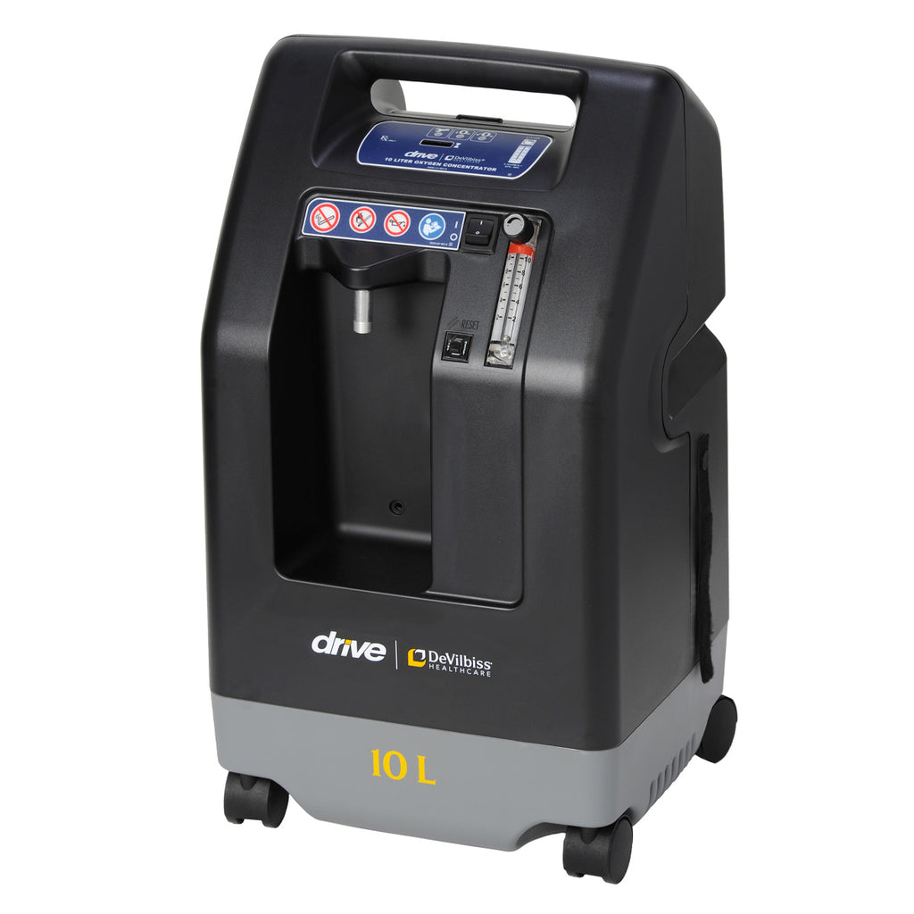A compact black oxygen concentrator with a digital display and control panel, set on a white background.
