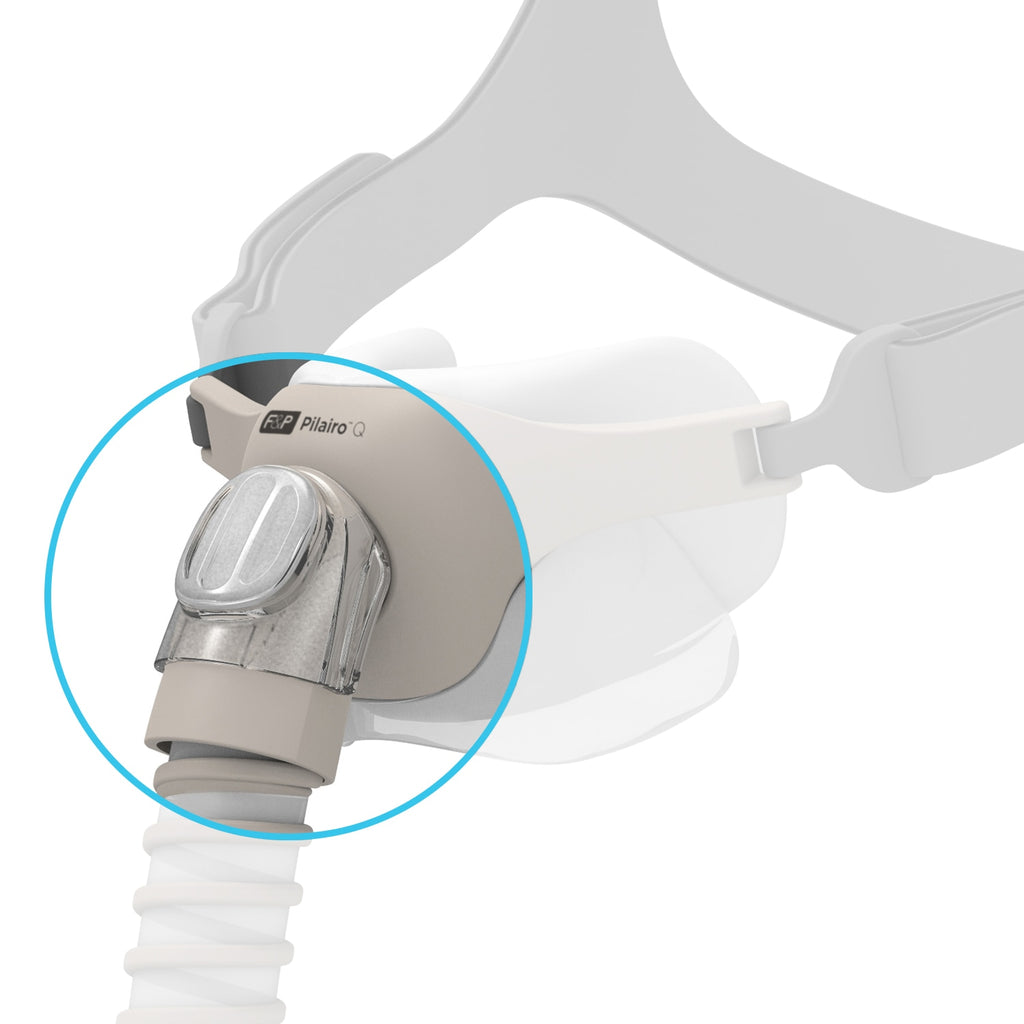 CPAP mask with a close-up of the valve on a white background