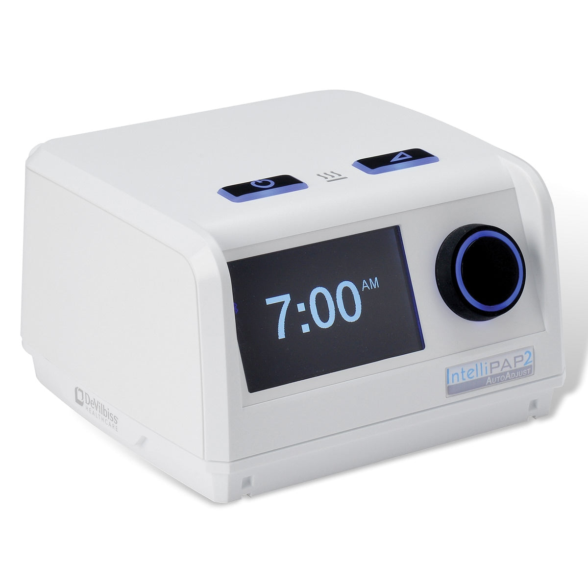 A white IntelliPAP 2 AutoAdjust Auto-CPAP machine with a digital display showing the time 7:00 AM, blue accents, and a few control buttons.