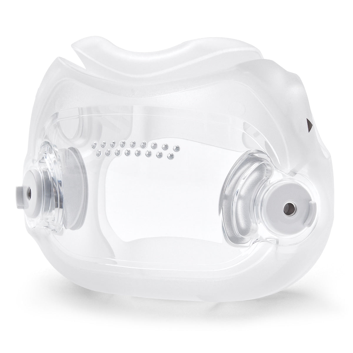 A transparent full face cushion for CPAP/BiPAP masks, showing a under-the-nose nasal design with visible soft material and attachment points.