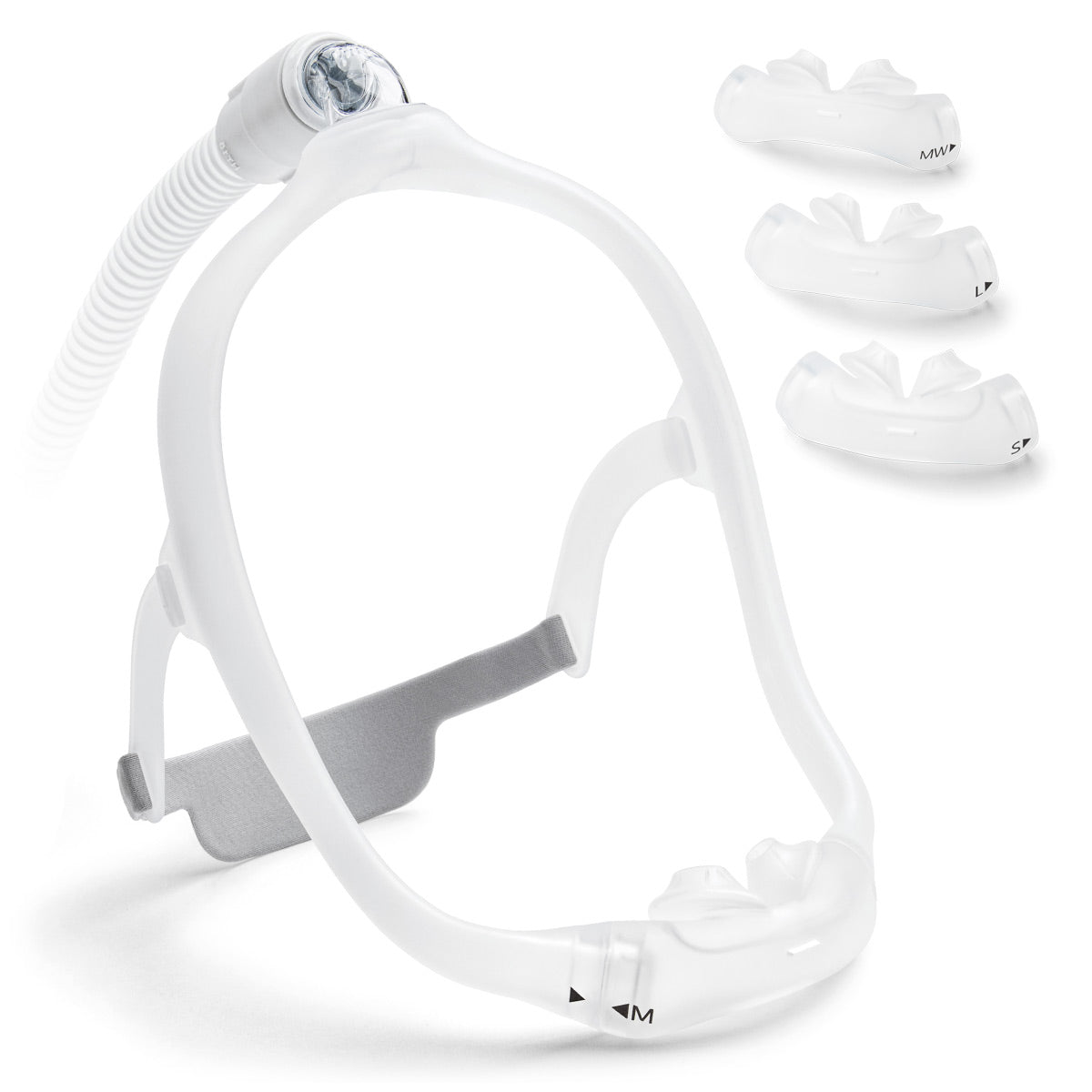 A CPAP/BiPAP mask with headgear and silicone nasal pillows, displayed in white color.
