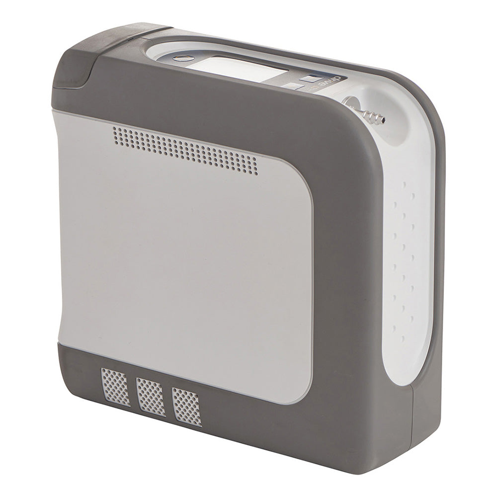 A portable iGo 2 oxygen concentrator with a gray and white casing