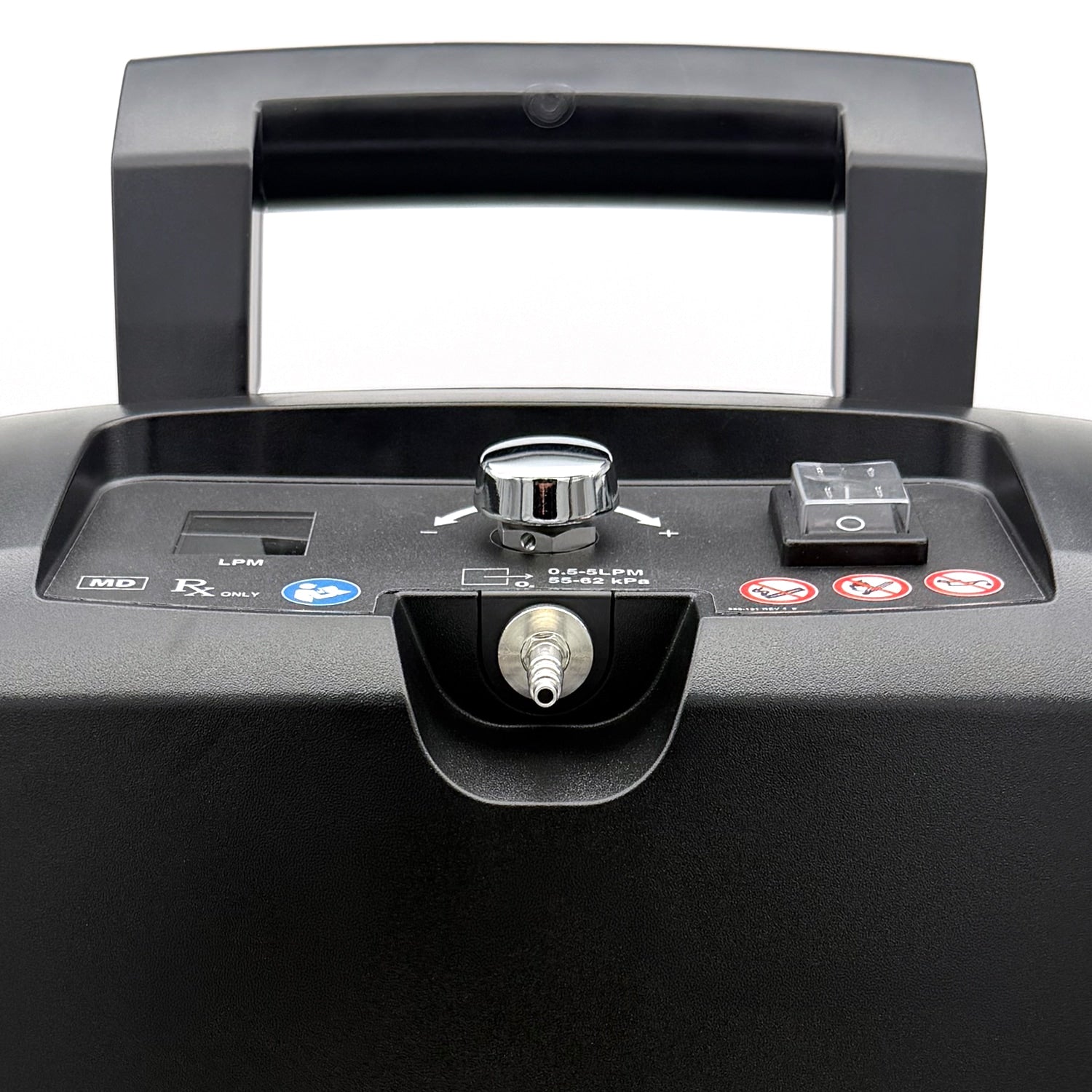 Close-up of a black air compressor with control panel and handle on a white background