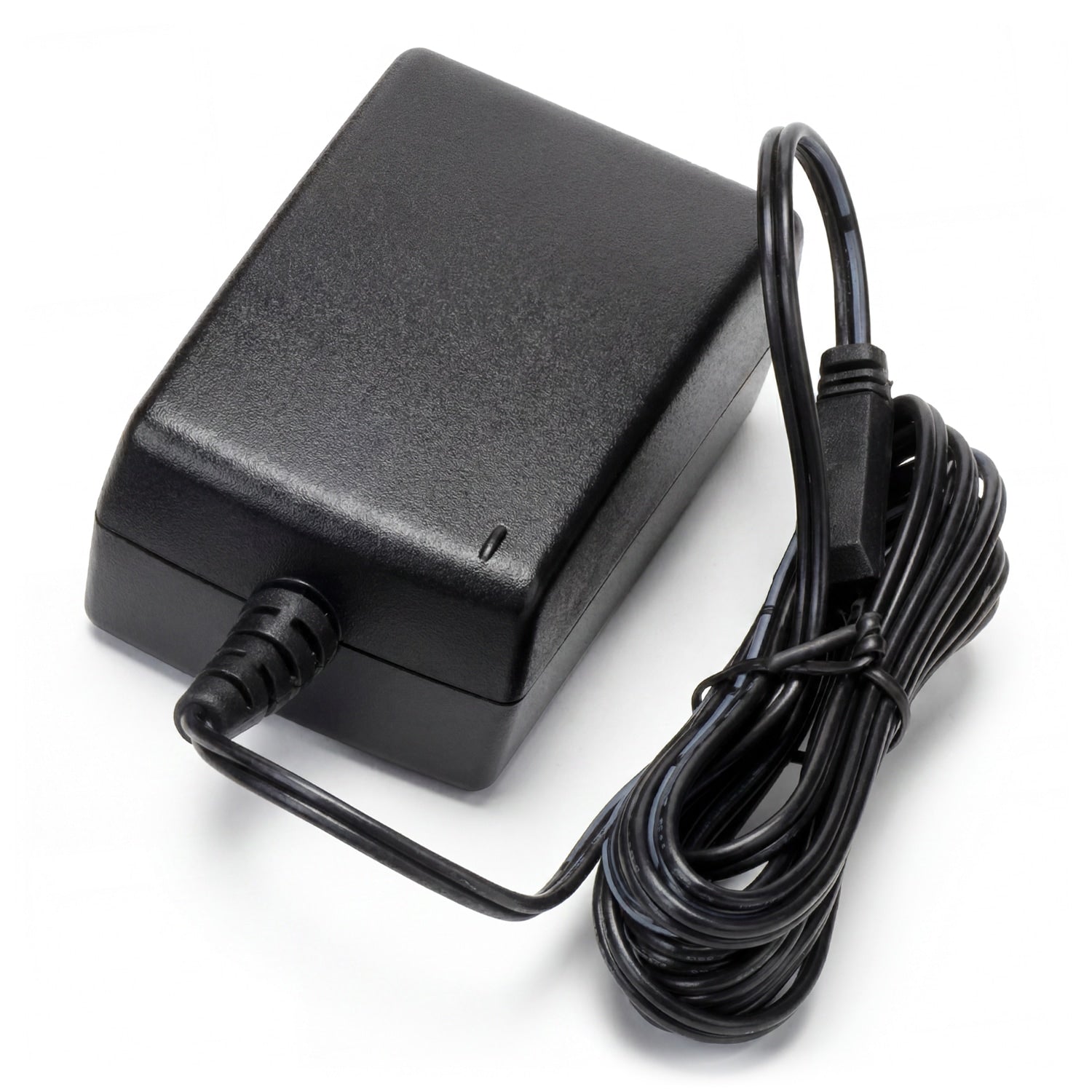 Black power adapter with a coiled cable on a white background