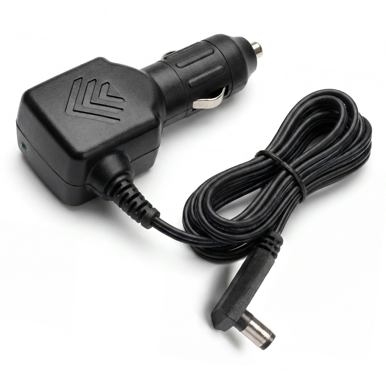 Black DC charger with coiled cable on a white background