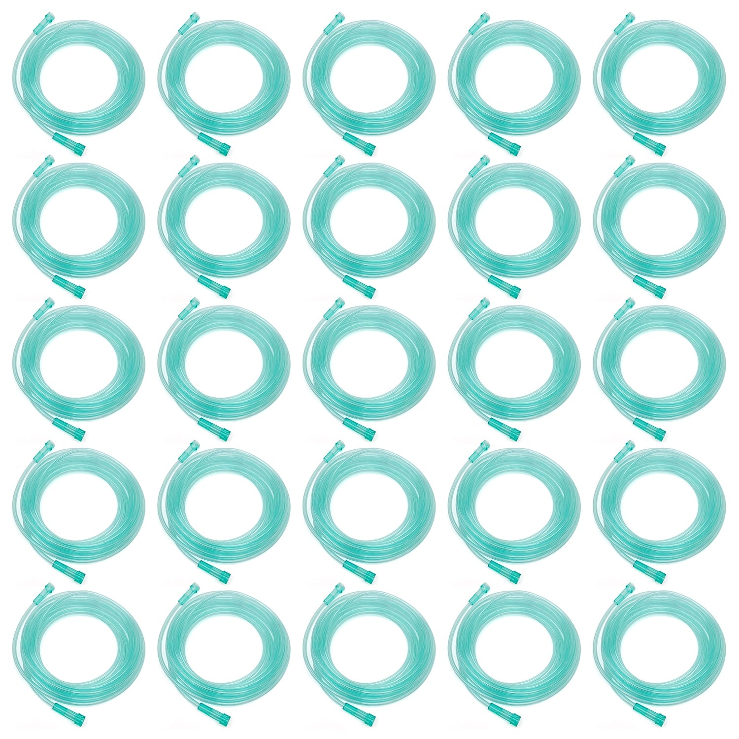 25 coils of green tubing on a white background