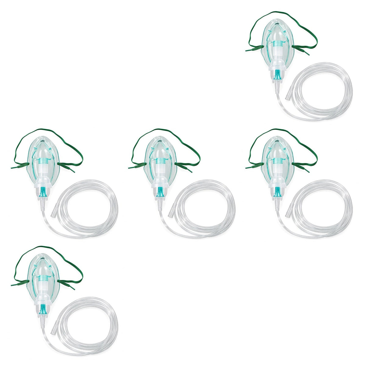 Five nasal oxygen delivery devices with clear plastic masks, green ties, and clear tubing, arranged on a plain white background.