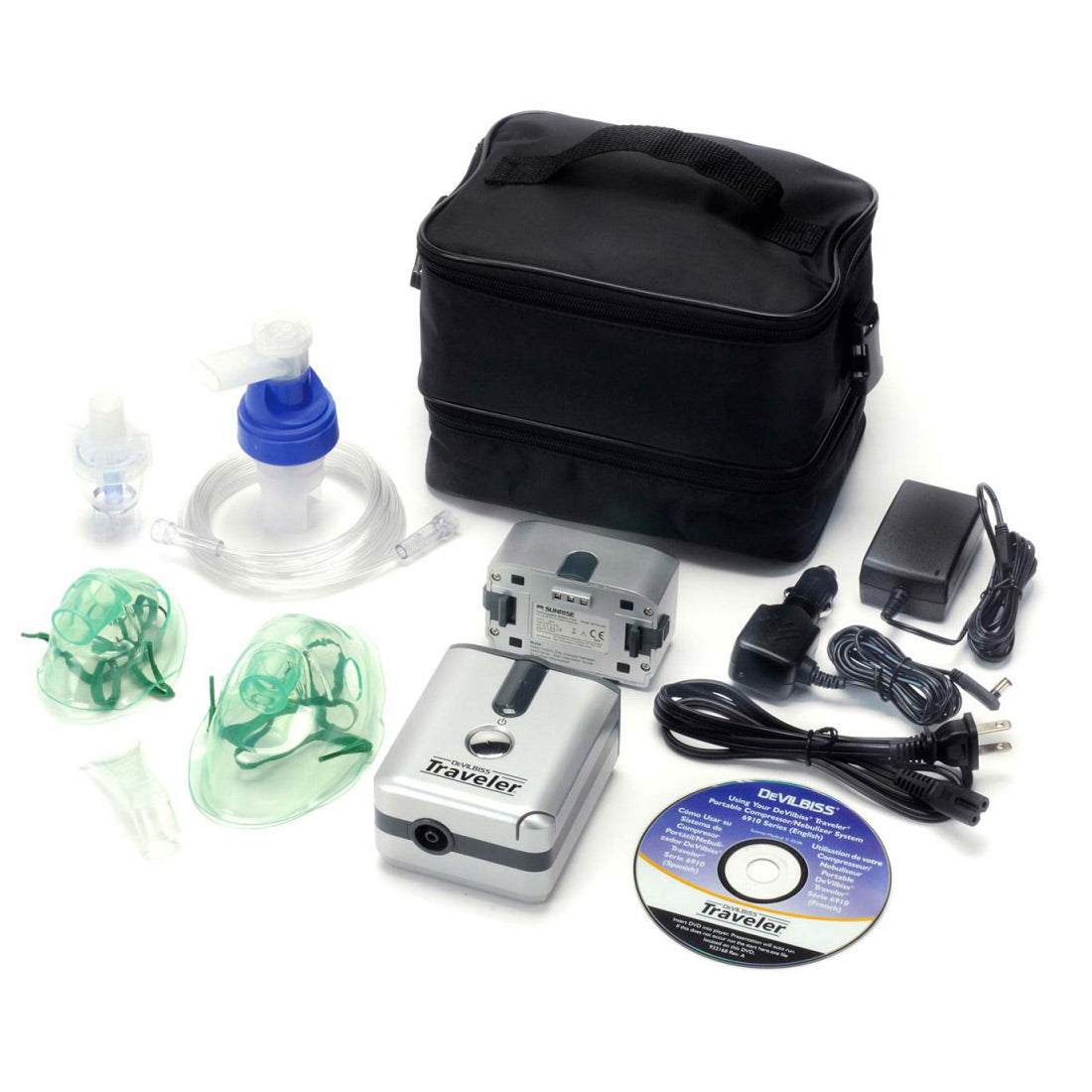 Medical device kit with black carrying case, mask, and other components on a white background