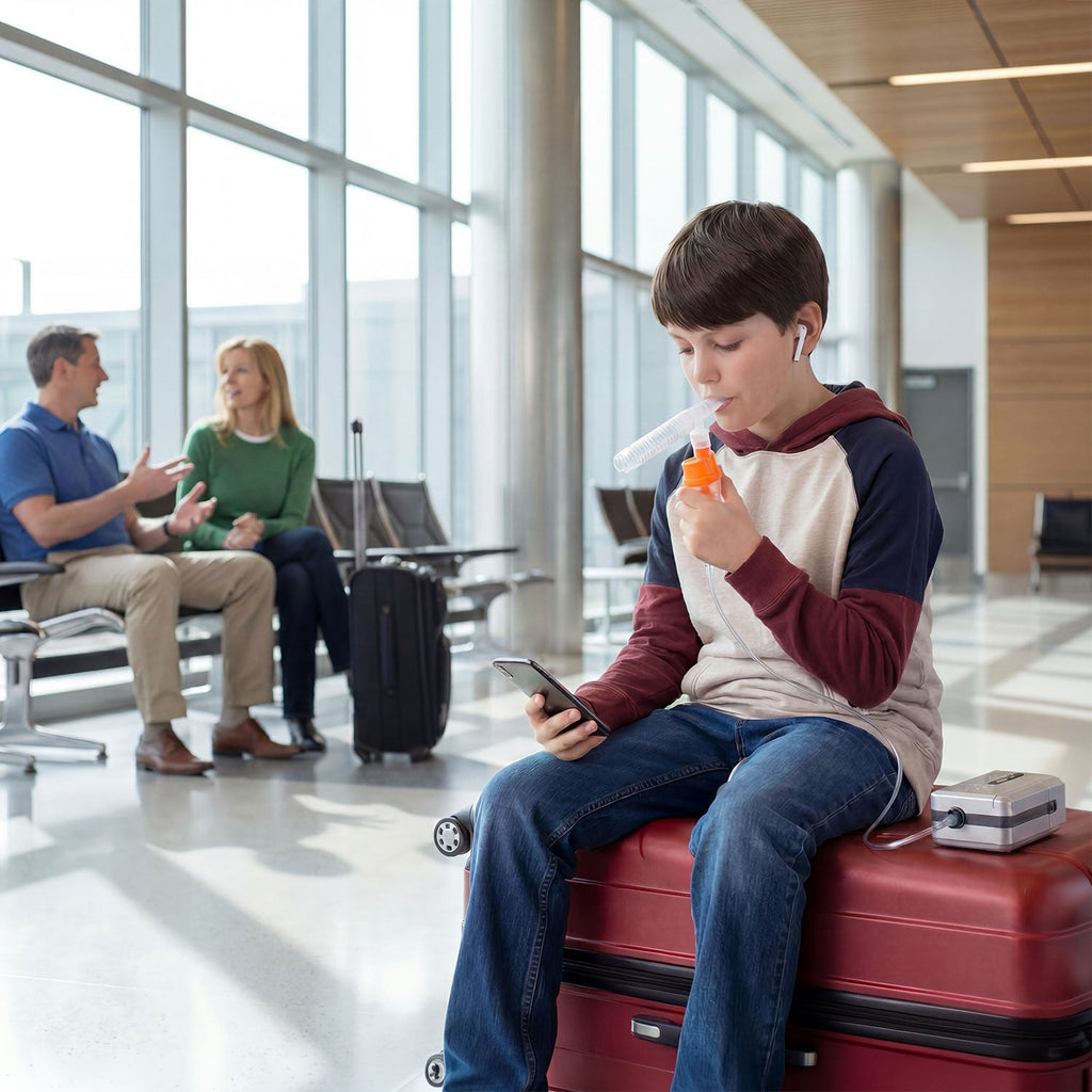 Child sitting on a suitcase in an airport terminal, using a smartphone and using a portable nebulizer