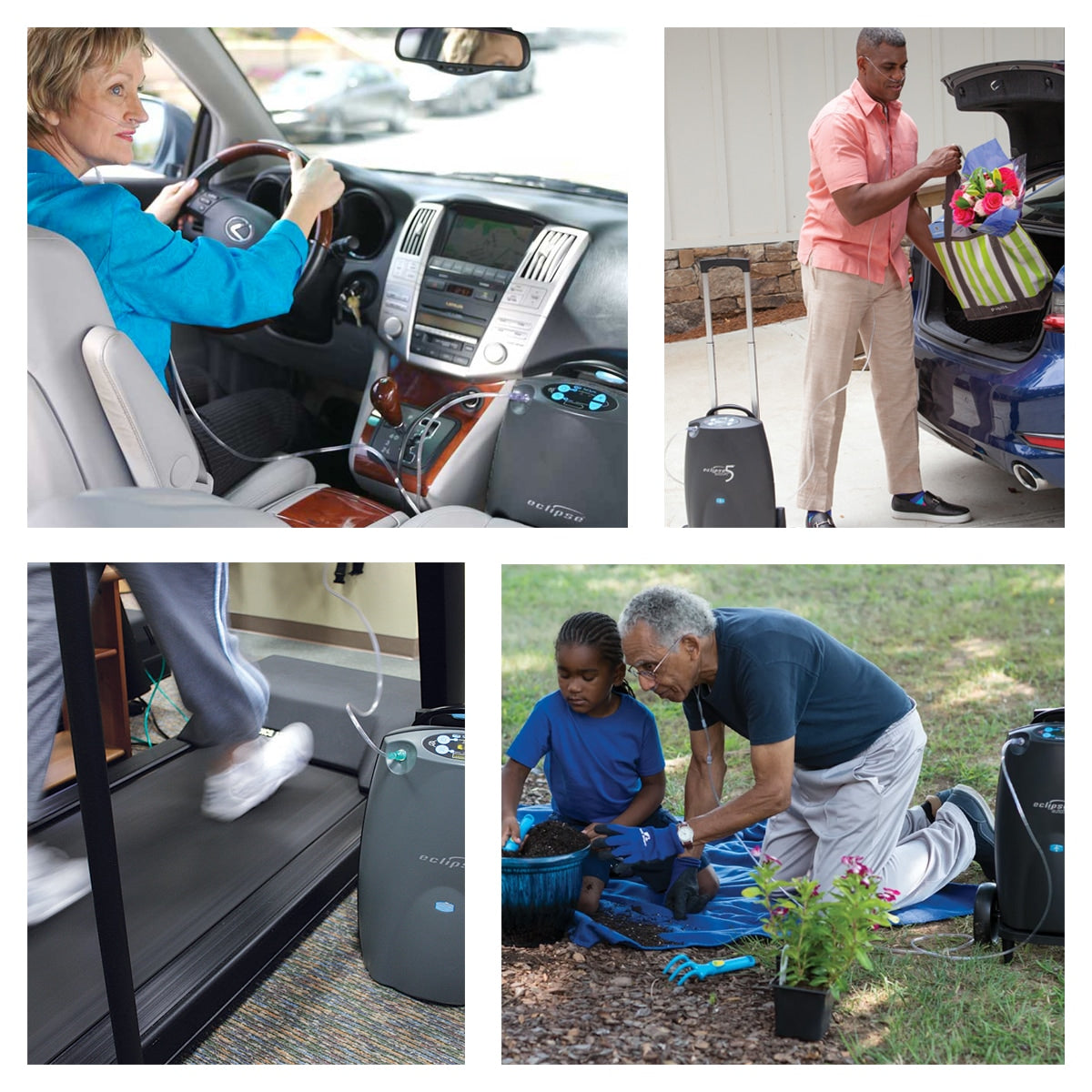 several views of people using eclipse 5 oxygen concentrators in every day life