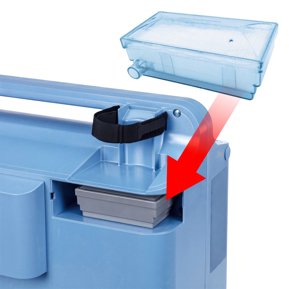 A close-up of a light blue Everflo Oxygen Concentrator showing an open compartment with a black strap and a gray tray, plus a translucent light blue lid floating above with a red arrow indicating installation or placement.
