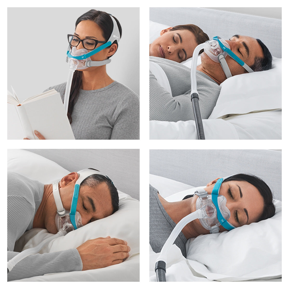 Four Pictures of Men and Women Wearing Evora Full Face Mask In Bed