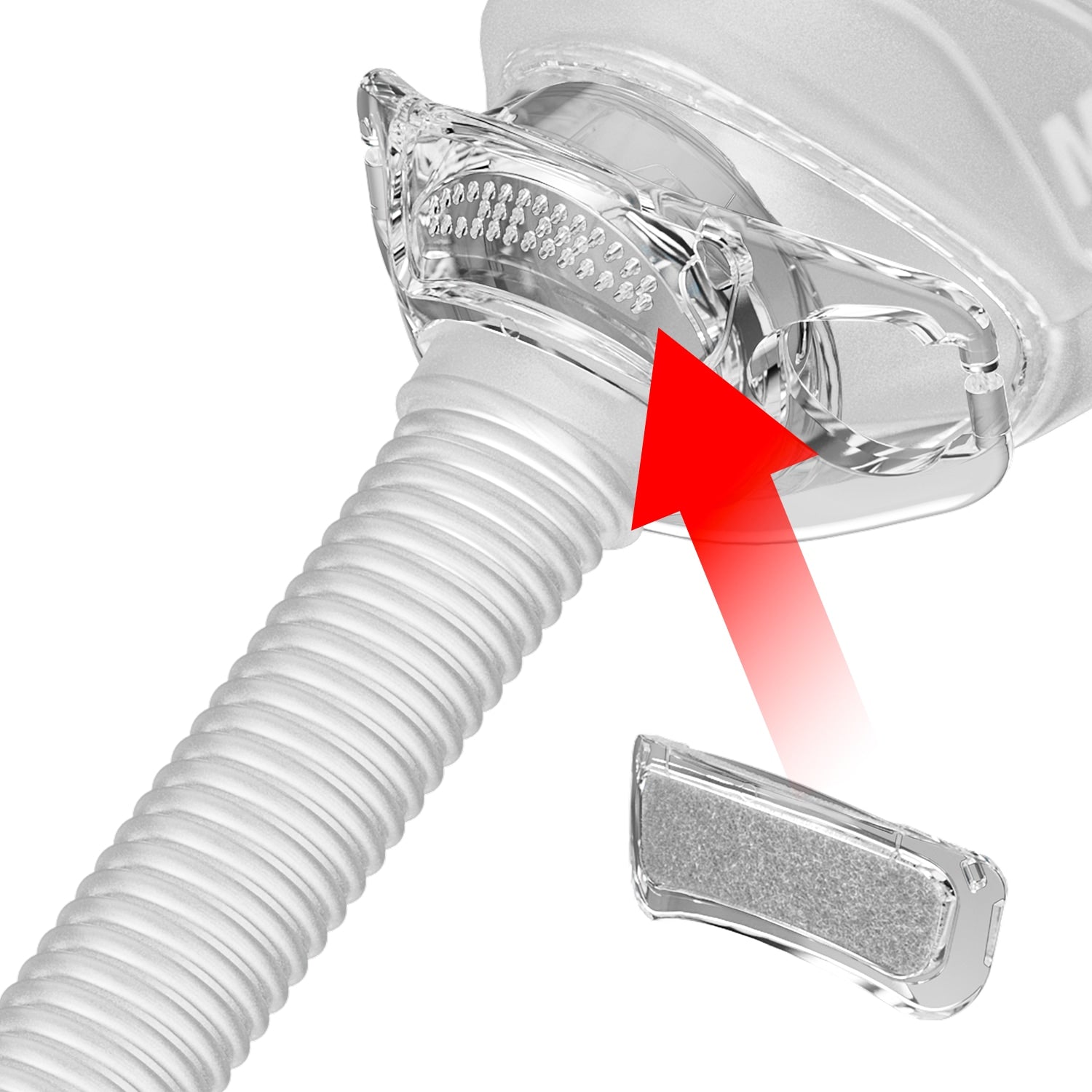 CPAP mask with hose and filter on a white background