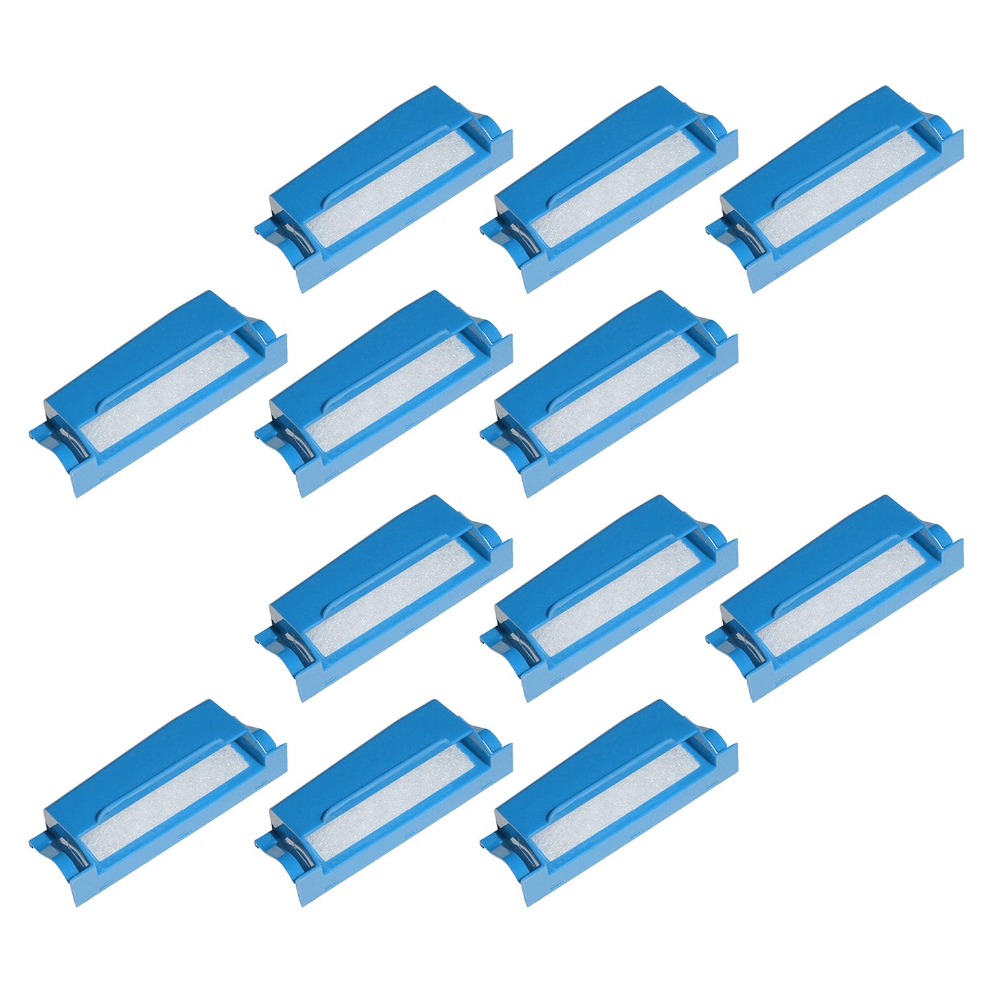 Set of twelve blue rectangular CPAP Filters with white centers on a white background