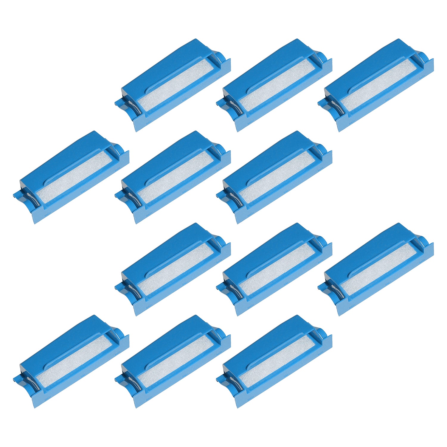 Set of twelve blue rectangular CPAP Filters with white centers on a white background