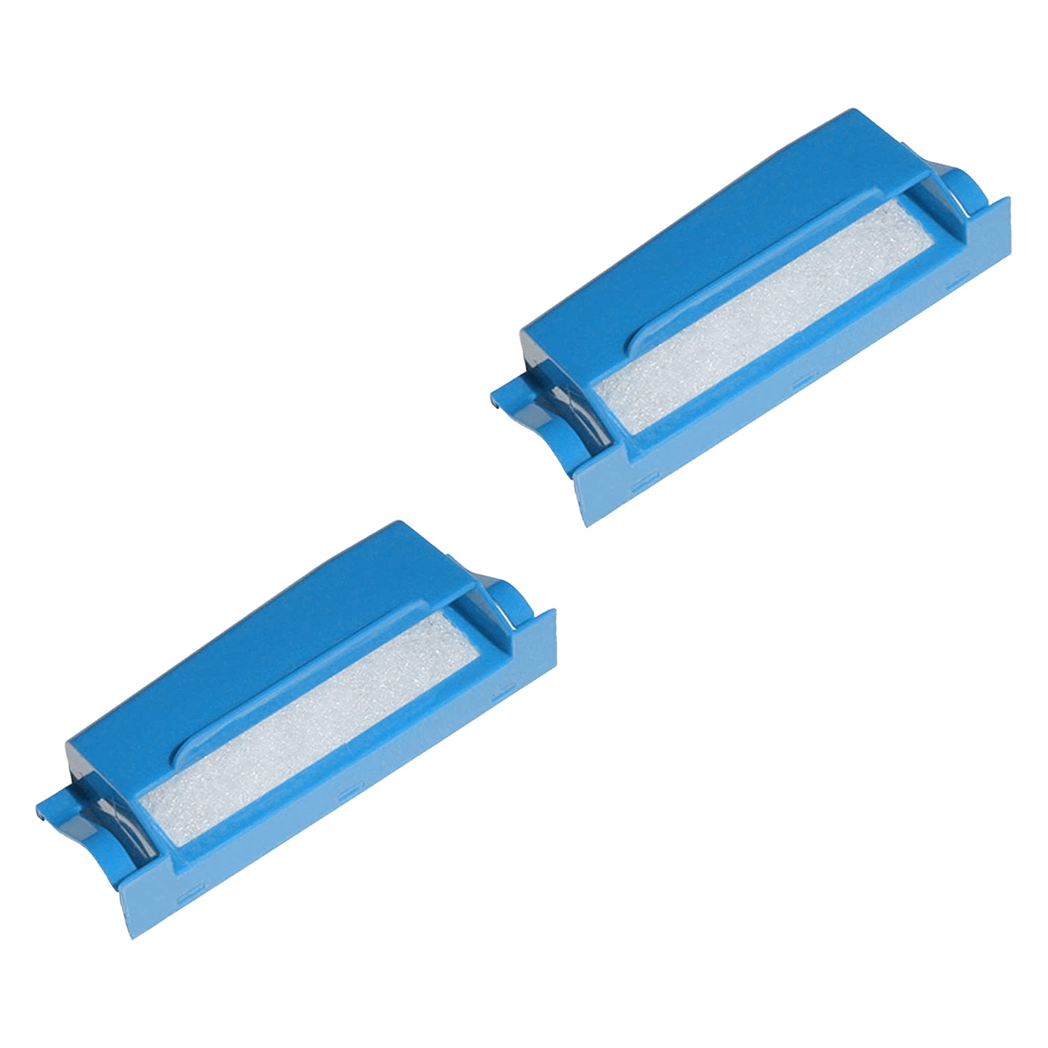 Set of two blue rectangular CPAP Filters with white centers on a white background
