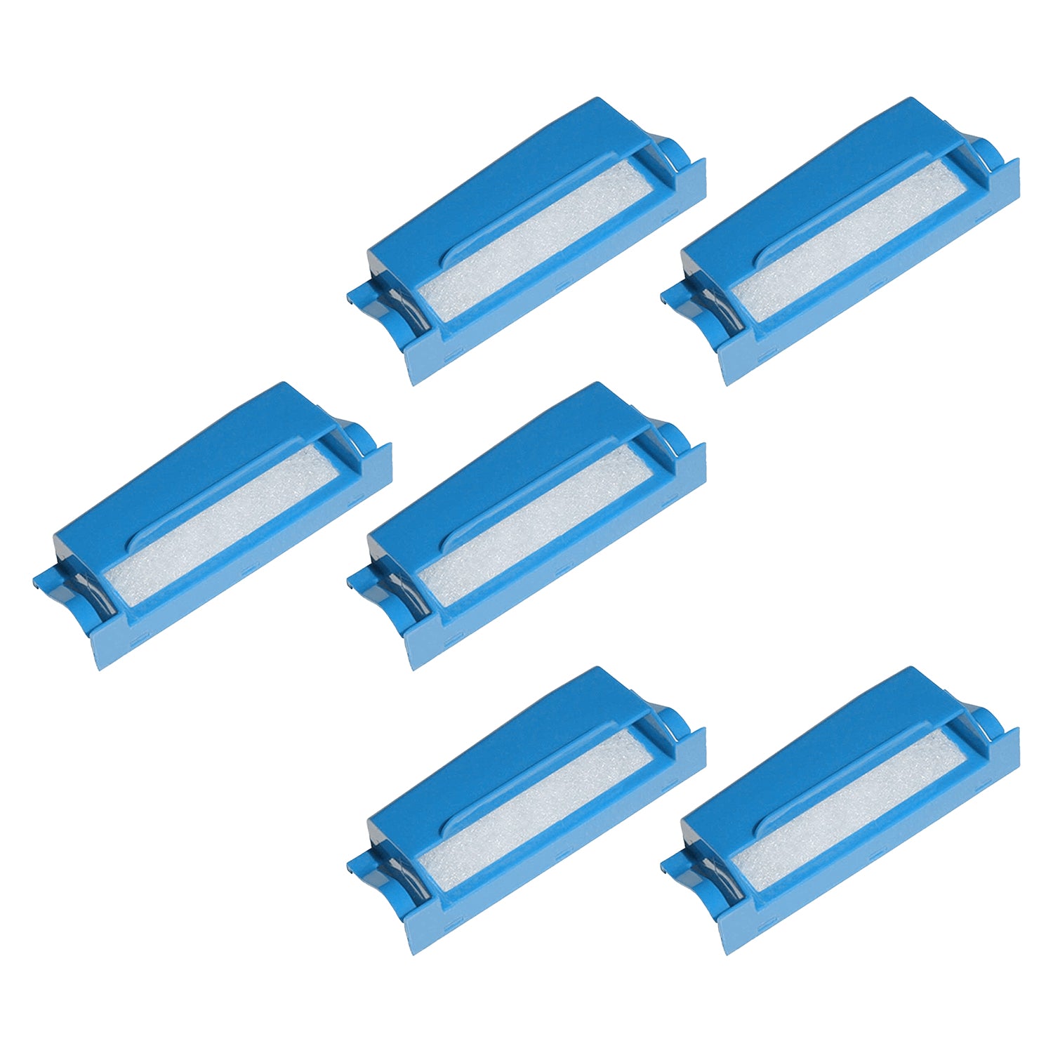 Set of six blue rectangular CPAP Filters with white centers on a white background