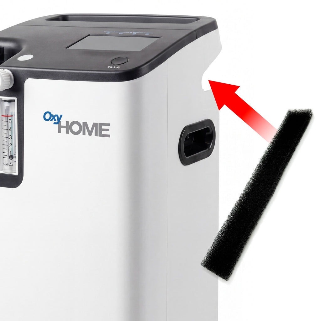 Oxy Home oxygen concentrator with a red arrow pointing to a port on a white background