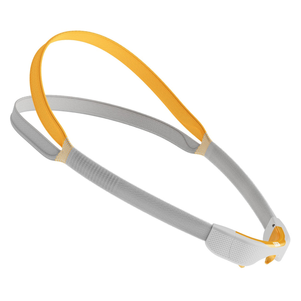 An image of a white and orange AutoLock headgear for CPAP/BiPAP masks with a gray adjustable strap.