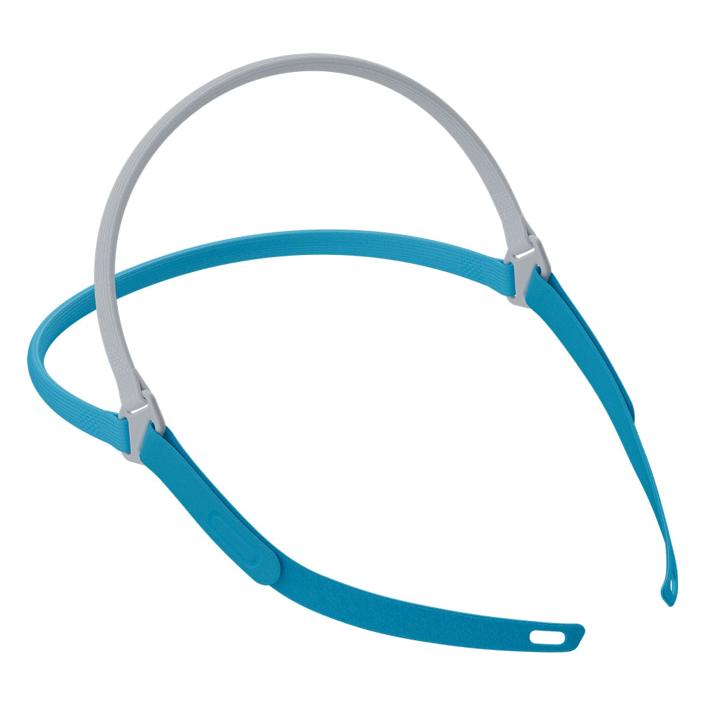 Adjustable headgear for CPAP/BiPAP masks with blue straps and gray frame.