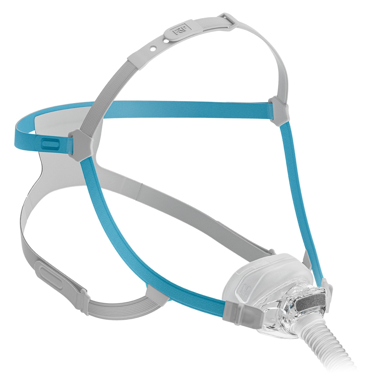 CPAP mask with blue and gray straps on a white background