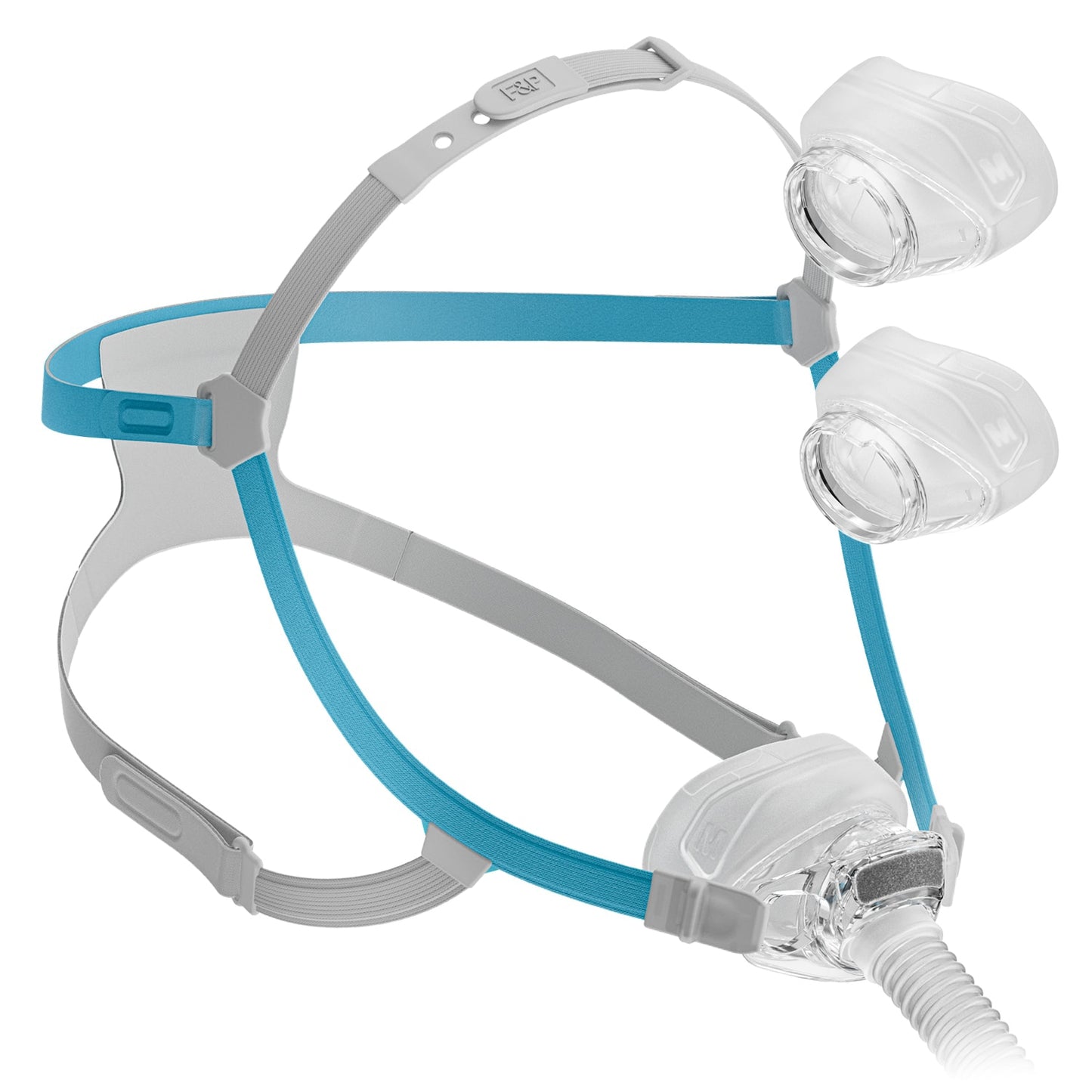 CPAP mask with blue headgear on a white background