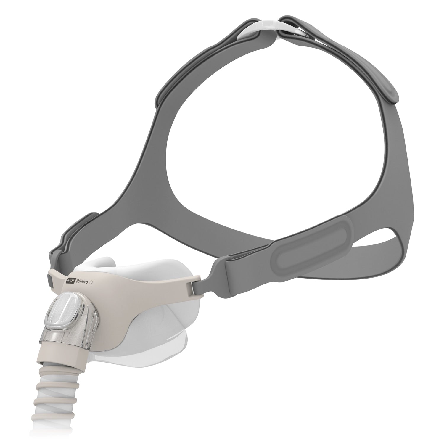CPAP mask with gray headgear and white cushion on a white background
