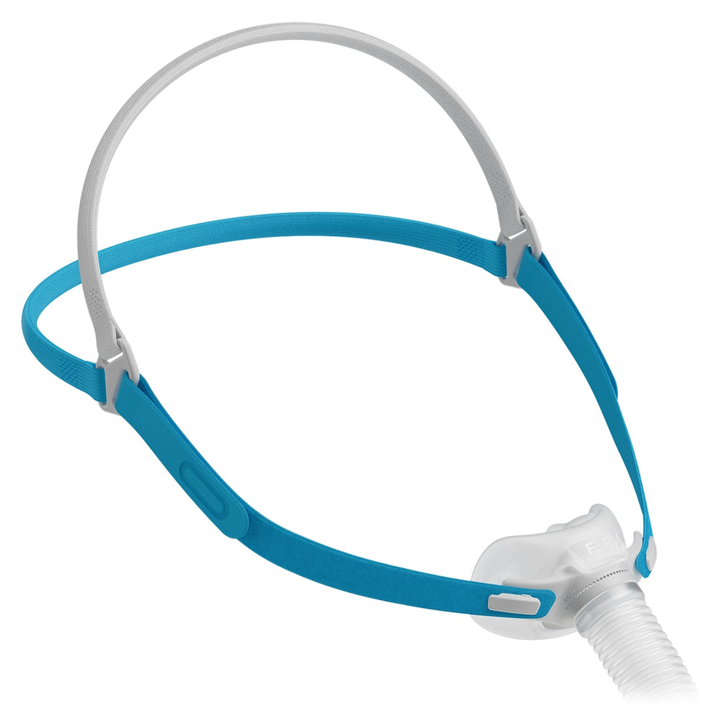 A lightweight blue and white F&P Nova Micro Nasal Pillow CPAP/BiPAP Mask with headgear, designed for sleep therapy.